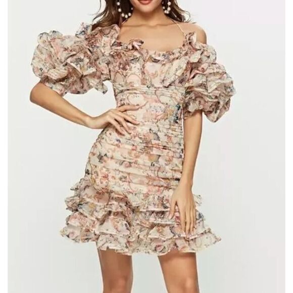 Donnee Par Dieu Women Small Tiered Floral Print Ruffle Off Shoulder Mini Dress - Picture 1 of 6
